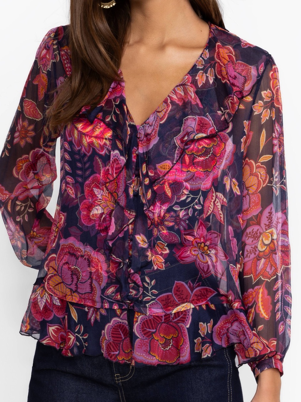 Johnny was jade bohemian ruffle kiko silk bohemian long sleeve blouse size xs
